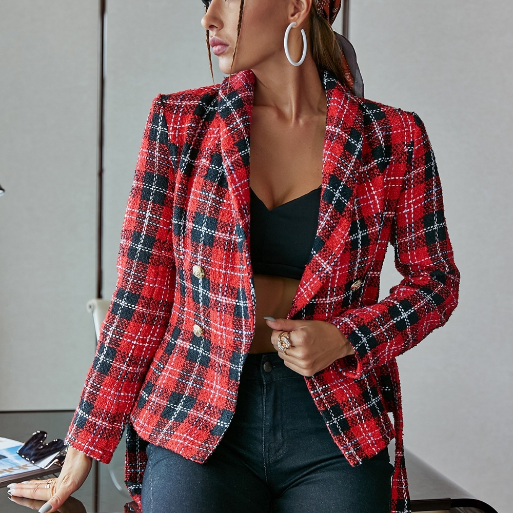 🔥NWT Glamaker Plaid Tie-Waist Double-Breasted Blazer